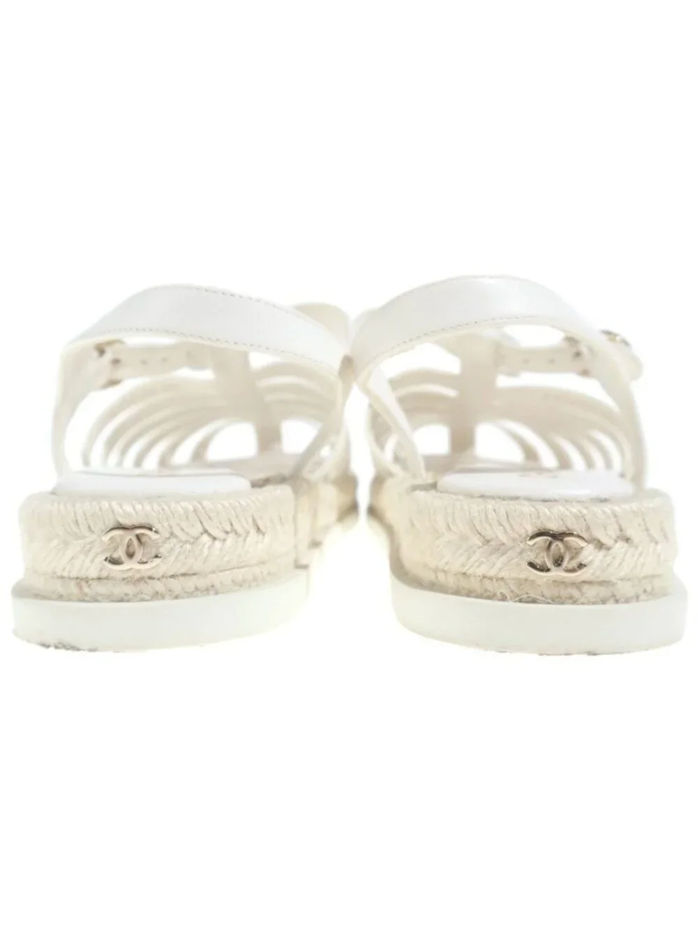 Chanel CC Logo Lace Up Sandals Leather White
